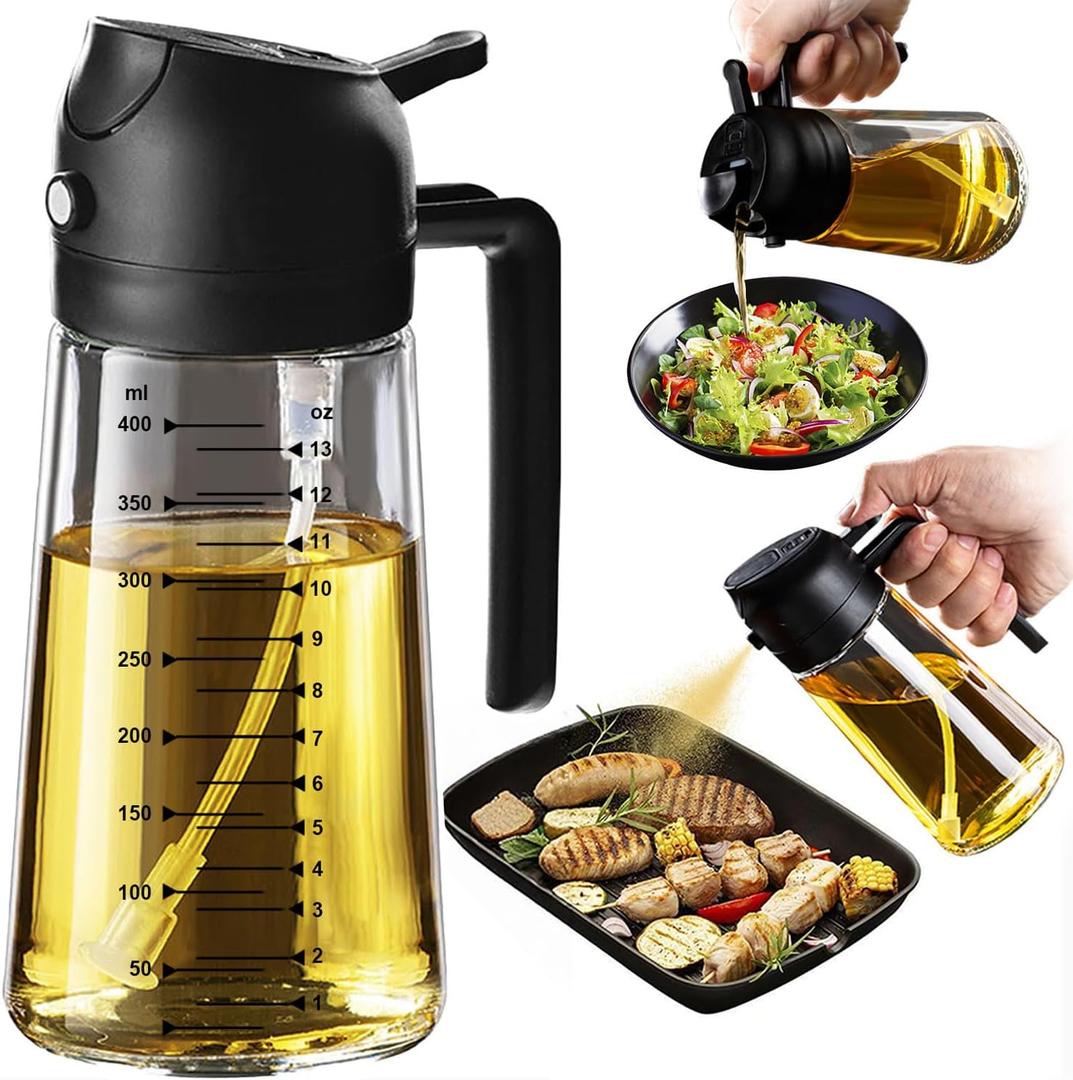 TrendPlain 16oz/470ml Glass Olive Oil Sprayer for Cooking  2 in 1 Olive Oil Dispenser Bottle for Kitchen Gadgets and Air Fryer Accessories, Salad, BBQ - Black