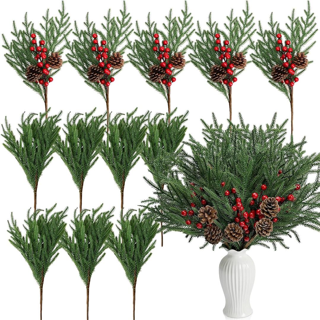 Nagobi 12 Pcs Christmas Pine Branches with Red Berry Pine Cones, 18 Inch Real Touch Artificial Pine Branches, Realistic Christmas Greenery Stems for Vases Garland Wreath Floral Arrangements