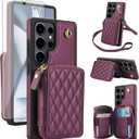 Phone Case for Samsung Galaxy S25 Ultra 5G Wallet Cell Cover with Tempered Glass Screen Protector Wrist Crossbody Strap RFID Blocking Card Holder S25Ultra 25S S 25 25Ultra 6.9 2025 Women Dark Purple