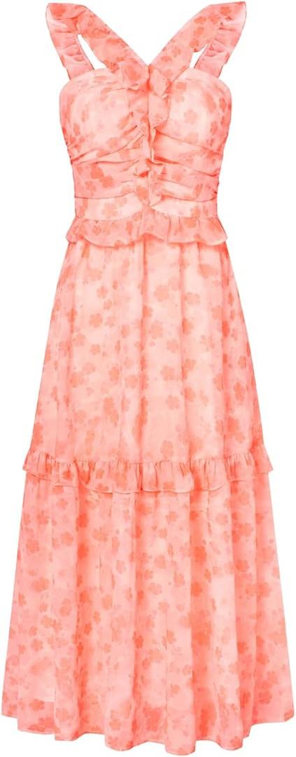 GRACE KARIN Women’s Summer Boho Floral Tiered Dress Strap A Line Swing Flowy Midi Dress Ruffle Beach Wedding Guest Dress, Large