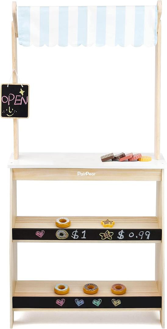 PairPear Grocery Store Pretend Play, Wooden Toys Lemonade Stand for Kids, Natural Style Market Stand Play Food Sets.