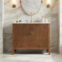 Merax 36" Mid-Century Single Vanity, Bathroom Vanity with Ceramic Sink, Divided Drawer & Dual-Door Storage, Soft-Close, Walnut
