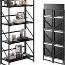 JSB No Assembly Folding Bookshelf, 4 Tier Industrial Metal Book Shelf for Storage, Vintage Wood Foldable Bookcase for Living Room, Bedroom, Office Organization Shelves, Flat Tube 4-Tier