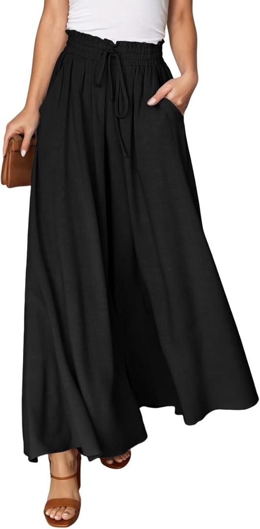 Dokotoo Pants for Women Casual Elastic Waist Wide Leg Pants with Pockets (Large, 1Black)