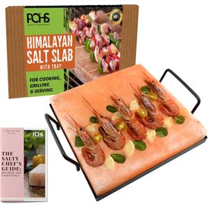 POHS Himalayan Pink Salt Block (Small 8x8x1.5) For Grilling, Searing, Cooking, BBQ, Himalayan Salt stone with Premium Quality Black Metal Holder & Recipe booklet