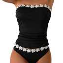 WDIRARA Women's 2 Piece Color Block Tankini Set Bandeau Strapless Ruched Bathing Swimsuit, Small