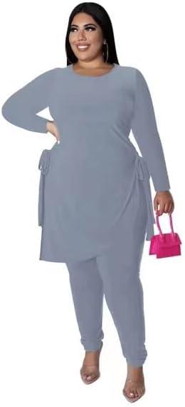 Plus Size 2 Piece Outfits for Women Pants Sets Sexy Elegant Long Sleeve Split Shirt Bodycon Casual tracksuits (L)