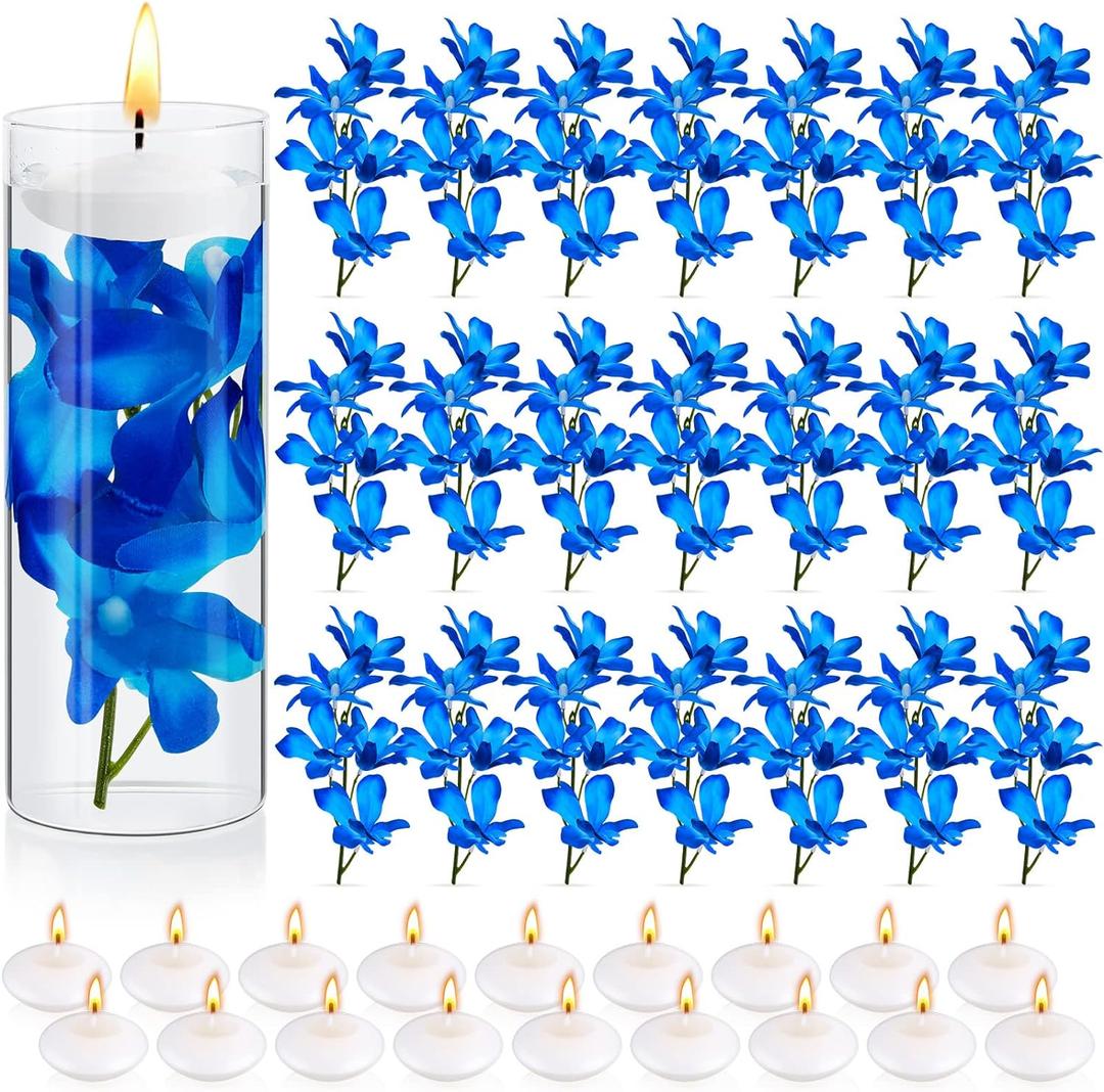 Hanaive 42 Pcs Blue Orchids Artificial Flower Vase Fillers for Floating Candles Wedding Table Centerpiece Blue Orchid and Unscented Floating Candles for Wedding Table Party Home Decoration