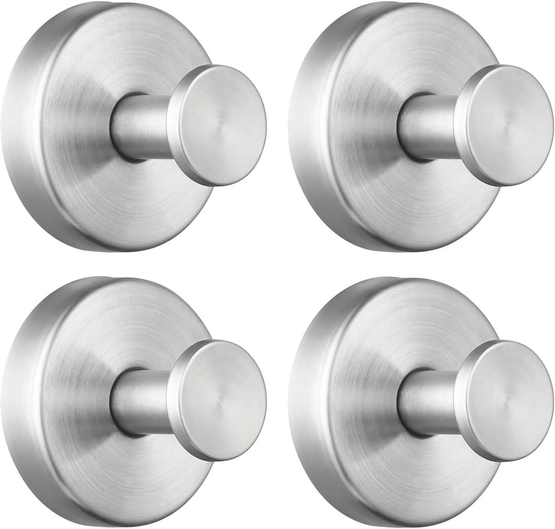 Suction Cup Hooks for Shower/Bathroom Heavy Duty Removable for Towels, Robes, Loofah - No Drill Stainless Steel Hooks for Glass, Mirror, Tile, Kitchen (4-Pack) Brushed Nickel