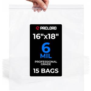 16" x 18" Large Reclosable Plastic Zip Bags, 15 Count | 6 Mil Heavy-Duty Clear Poly Bags, Resealable for Food, Clothes, Hardware, Home & Garage Storage