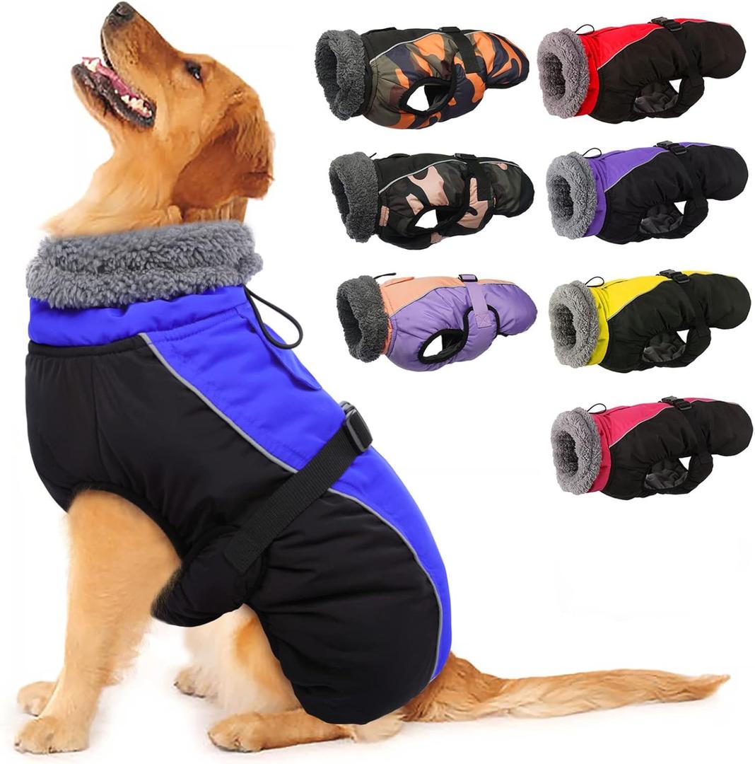 IECOii Extra Warm Reflective Adjustable Dog Jacket with Buckle Fleece Turtleneck for Small Medium Extra Large Dogs in Cold Weather (X-Large(Chest:24.4-29.9 in), Blue)