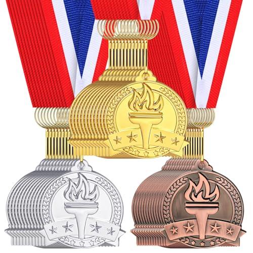 Landical 36 Pcs Gold Silver Bronze Medals Bulk 2" Torch Award Medals with Neck Ribbon Metal Winner Awards for Adults Competitions Sports Football Basketball Tennis Events Party Tournaments Prizes