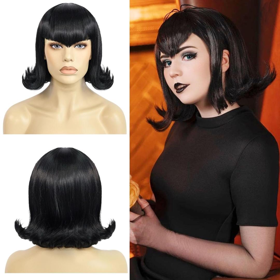 Black Bob Wig 60s Black Flip Wig Short Black Cosplay Hair for Girls Women Synthetic Hair for Halloween Costume