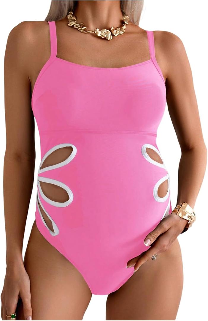OYOANGLE Women's Maternity One Piece Swimsuits Cut Out Spaghetti Strap Pregnancy Bathing Suits Swimwear (X-Large, Pink)