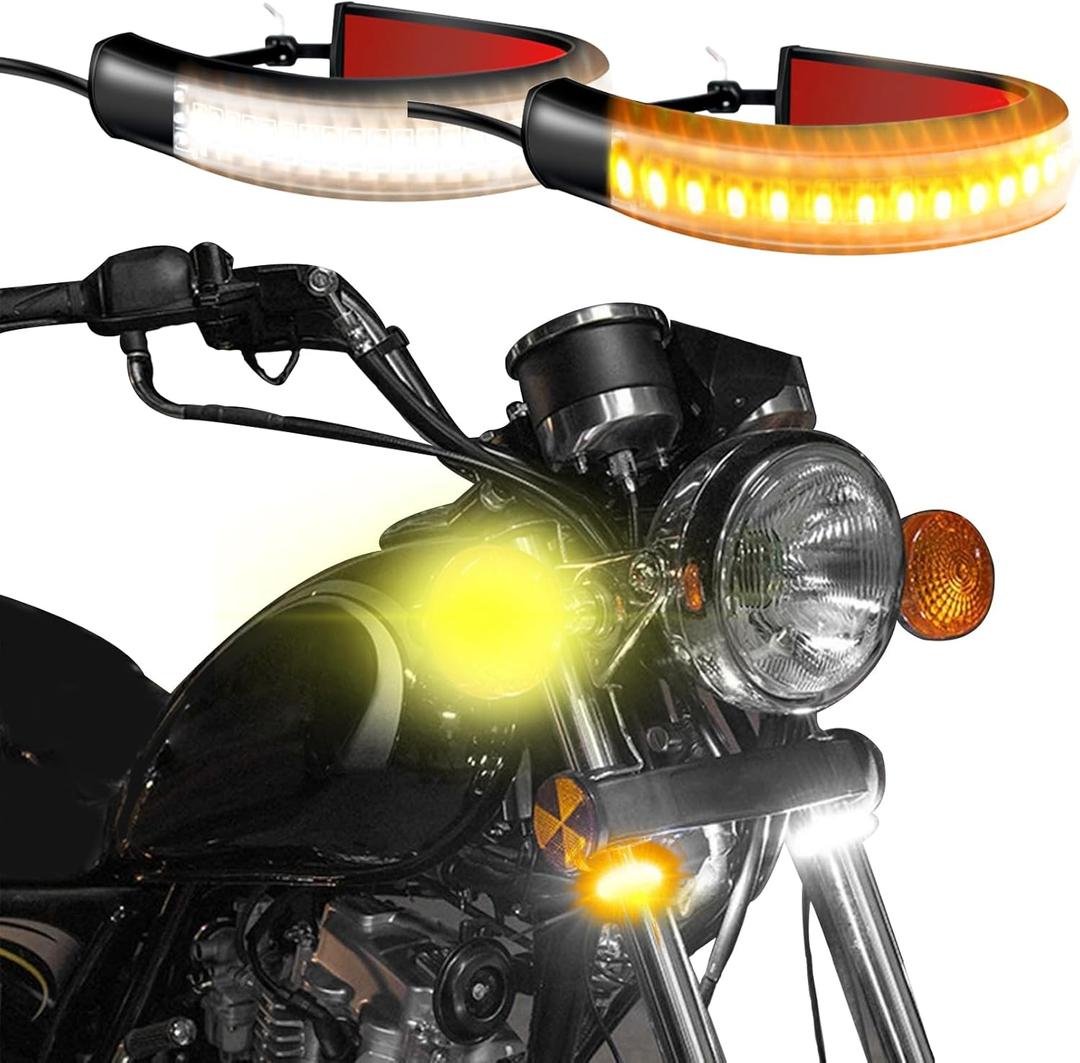 2PCS Motorcycle LED Turn Signal Light, Flexible Switchback Dual-Color White & Amber Fork Turn Signal Blinkers, DRL Daytime Running Light, Waterproof Adjustable Strips Bars Universal for Motorbike (5")