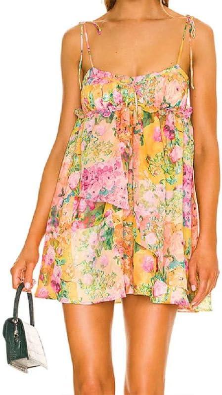 Summer Floral Boho Dresses for Women Spaghetti Straps Beach Dress Ruffle Sexy Mini Dress (Large, Yellow)