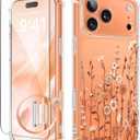 GVIEWIN for iPhone 17 Pro Case with Screen Protector, Upgraded [Full Camera Protection] [Non Yellowing] Floral Slim Shockproof Clear Women Phone Cover for iPhone 17 Pro 6.3" (Floratopia/Orange)