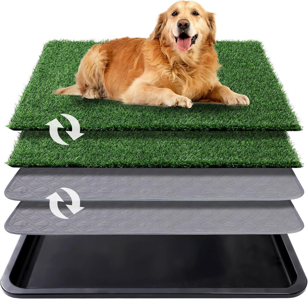 Dog Grass Pad with Tray, 35x23in Dogs Potty Tray with 2-Pack Replacement Artificial Grass and 2 Washable Reusable Pee Pads ,Dog Litter Box for Pet Training,Indoor Portable Pottys Pet Toilet