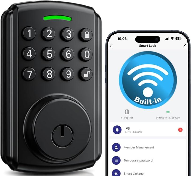 Builtin WiFi Keyless Entry Door Lock with Keypad, App Remote Control, No Bridge Required, Auto Lock, IP65