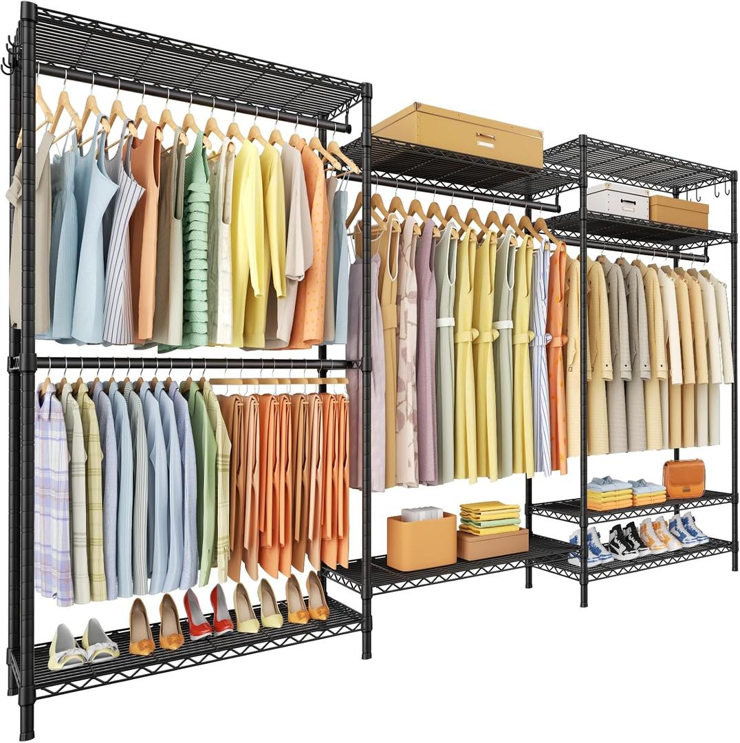 Ulif E13 Max Heavy Duty Clothes RackWith 4 Hanger Rods & 8 Shelves Freestanding Clothing Racks for Hanging ClothesAdjustable ClosetMetal Garment Rack 86" W x16 D x77 HMax Load 1100LBSBlack