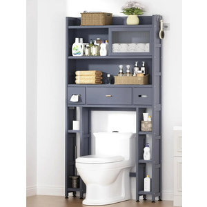 Cozivolife Over The Toilet Storage Cabinet with Acrylic Sliding Door Panel, Bamboo Organizer Shelf with 2 Paper Drawers and 1 Big Drawer,Space Saver Rack for Bathroom (Grey)