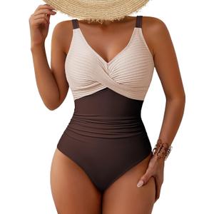 Pink Queen Women One Piece Swimsuit 2026 Patchwork Twist Front V Neck Ruched Tummy Control Swimwear Bathing Suits (Brown, M)