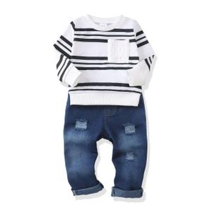 XUANHAO 4T 5T Boy Clothes Winter Kids Outfits for Boys Fall Clothing Long Sleeve Crew Neck Pullover Denim Pant Sets Stripe Sweatshirt Ripped Jeans Boys Clothes Size 4-5T