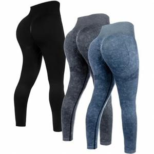 Mumucove 3 Pcs Womens Workout Leggings Tie Dye High Waisted Yoga Pants Seamless Scrunch Butt Lifting Compression Tights(Black, Dark Gray, Dark Blue, Large)