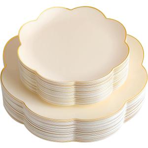supernal 60pcs Ivory Gold Plastic Plates, Elegant Scalloped Disposable Dinnerware Set (30 Dinner & 30 Dessert Plates) - Heavy Duty Cream Floral Plates for Wedding, Bridal Shower, Mother's Day&Parties