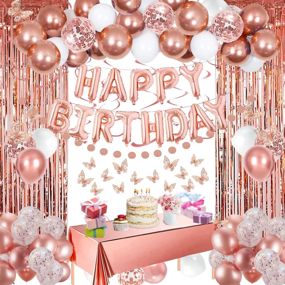 Rose Gold Happy Birthday Party Decorations for Women, Happy Birthday Banner for Her, Fringe Curtains, Foil Tablecloth, Confetti Balloons, Butterfly Decor for 18th 21st 30th 40th 50th