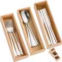 Baderke 3pcs Bamboo Drawer Organizer 10 x 3 x 2'' Kitchen Silverware Organizer Tray Long Stackable Storage Box Wooden Utensil Holder with Silverware Set for Kitchen Bathroom Cabinet Christmas(Natural)