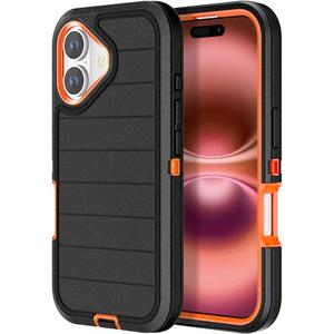 for iPhone 16 Case Heavy Duty 3-Layer[Shockproof][Dropproof][Dust-Proof] Military Grade Rugged Full Body Protection Cover Case for Apple iPhone 16 5G 6.1 inch,Black/Orange