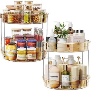 LAMU 2 Pack  2 Tier Lazy Susan Turntable Organizer 12'' Rotating Spice Rack Organization for Cabinet, Kitchen, Pantry, Countertop, Bathroom, Vanity, Medicine Cabinet Organizer, Amber