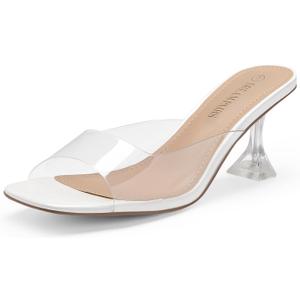 DREAM PAIRS Womens Clear Heels Square Toe High Stiletto Mules Slip on Wedding Dress Heel Sandals (8.5)