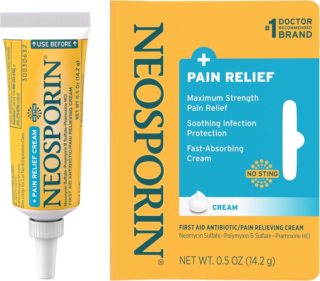 Neosporin + Maximum-Strength Pain Relief Dual Action Cream, First Aid Topical Antibiotic & Analgesic Cream for Soothing Infection Protection & Wound Care of Minor Cuts, Scrapes & Burns, .5 oz, 2 Pack, Exp Date: 08/2023
