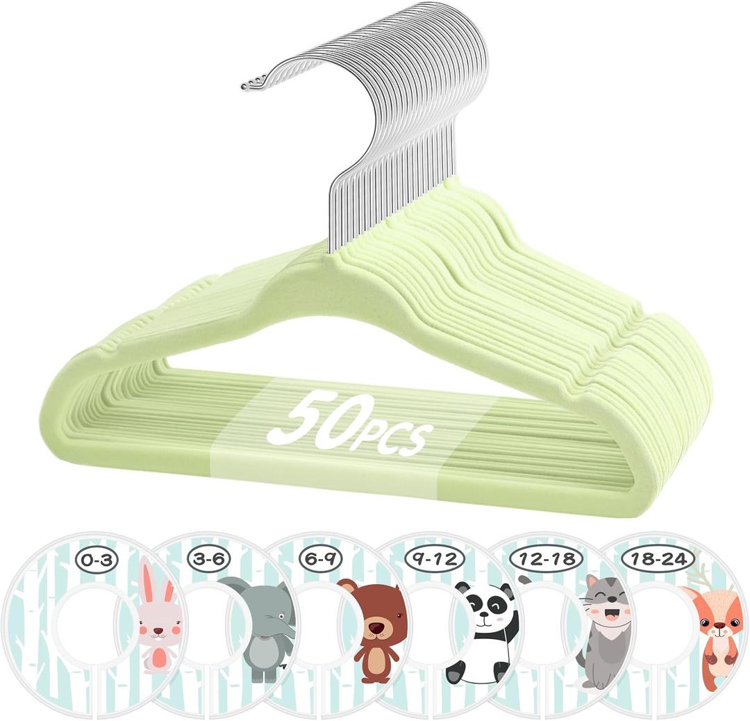 VIS'V Baby Hangers, 11 Inch Velvet Kids Hangers with 6 Pcs Clothes Size Dividers, Infant Toddler Nursery Closet Organization, Non Slip, Lime Green, 50 Pcs