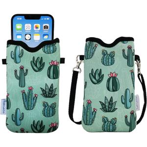 Tainada Men Women Neoprene Phone Sleeve Pouch Case Bag with Crossbody Strap/ Neck Lanyard for iPhone 15/ 14 Pro Max, 15/ 14/ 13 Plus, Samsung S24+, S24, S23+, A54, Z Fold5 (Cactus Pattern Green)
