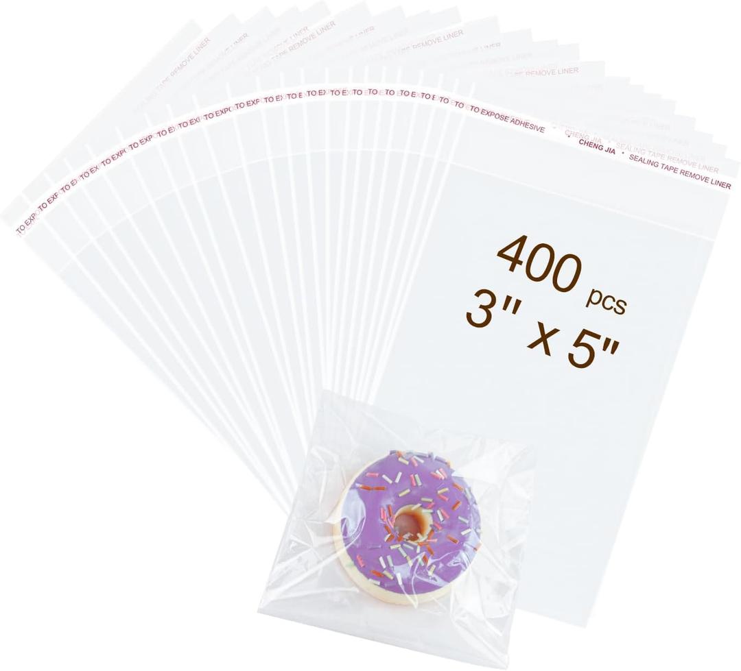 400PCS Clear Self-Sealing Cellophane Bags for Cookies, Small Treats, Candy, Party Favors, Bread, Bakery, Gifts - Resealable Packaging (3x5 Inches)