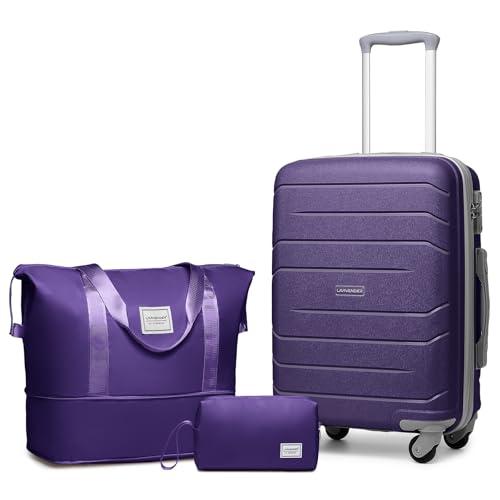 LARVENDER 3-Piece Carry On Luggage Set for Women,Hard Shell Suitcase 20Inch Carry On Luggage 22x14x9 Airline Approved, Spinner Wheel and TSA Lock（Grape Purple 20Inch/DB/TB）