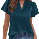 PRETTYGARDEN Women's 2026 Summer Satin Blouses Dressy Casual Ruffle Cap Sleeve V Neck Business Work Cute Tops Spring Outfits (Dark Blue)