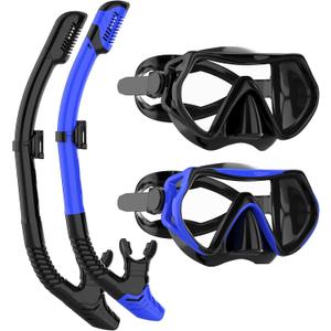 Snorkeling Gear for Adults, JRing Snorkel Mask Set with 180 Degree Tempered Glass Anti Fog Goggles Scuba Dry Top Snorkel for Swimming, Scuba Diving Mask for Men Women (Black+Blue)