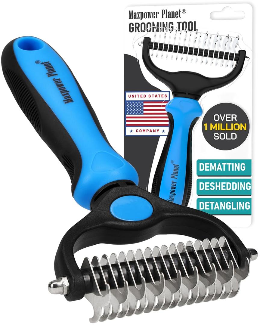 Maxpower Planet Original Pet Grooming Rake - Double-Sided Deshedding Dematting Tool, Undercoat Rake for Dogs & Cats, Extra-Wide Dog Grooming Brush & Deshedder Comb for Long Hair, Reduces Shedding 95% (Large, Blue)