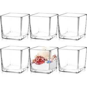 Set of 6 Square Glass Vases 3" x3" x 3", Clear Flower Vases for Centerpieces, Candle Holder for Wedding Party Events, Home Decor