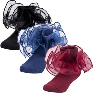 Dicry Baby Girls Double Lace Turn Cuff Socks with Big Ruffle for Infant Toddlers and Kids (4-6 Years, Black Blue Wine-red - 3 Pairs)