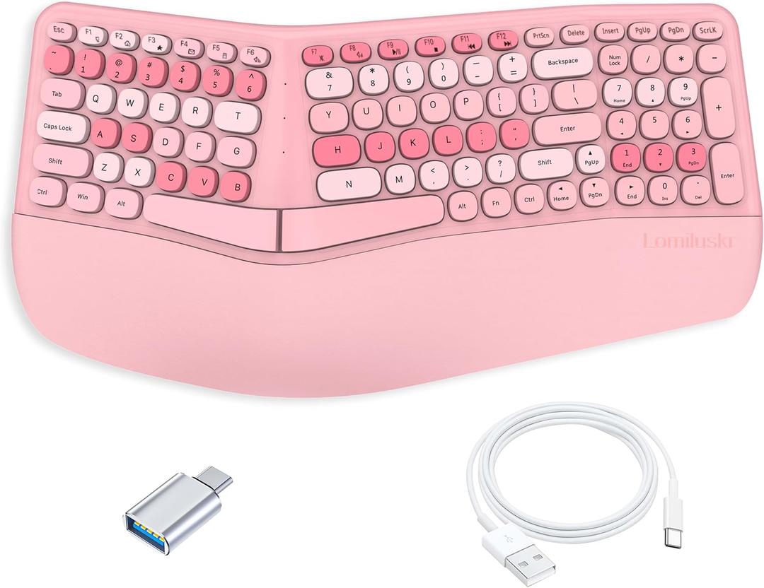 Lomiluskr Wired Ergonomic Keyboard with PU Wrist Rest, Carpal Tunnel Keyboard, Colorful Split Ergo Design, Comfortable Natural Typing, Compatible with PC/Laptop (Pink)