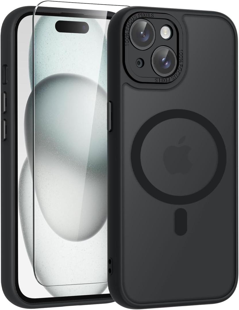 WRJ Case for iPhone 15, Slim Translucent Matte Magnetic Case for Women Men [Compatible with Magsafe][Enhanced Camera Protection] Anti-Fingerprints Shockproof Cover with Screen Protector-Black