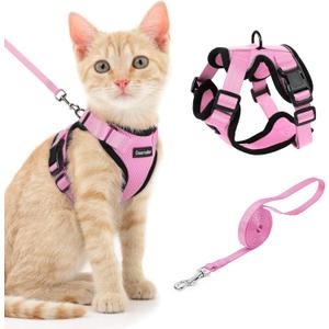 Cat Harness and Leash Set, Escape Proof Safe Adjustable Kitten Vest Harnesses for Walking, Easy Control Soft Breathable Mesh Jacket with Reflective Strips for Cats, Pink, S