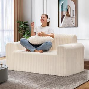 Hobestluk Couch Sofa 2-Seater Foam Sofa Loveseat for Small Spaces Comfy Sofas with Removable Cover Furry Couch with Pillows for Living Room, Bedroom, Apartment, Office (White, Loveseat)