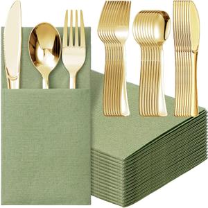 Tioncy 25 Pack Gold Plastic Silverware Set with Napkins, Linen Touch Napkins and Plastic Cutlery Set Gold Disposable Dinnerware with Forks Spoons Knives(Sage Green)
