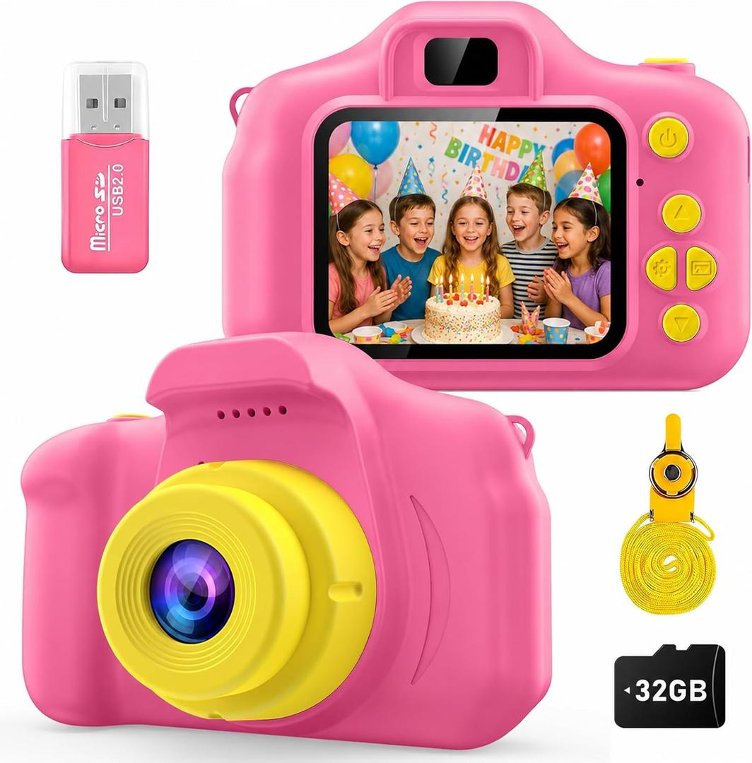 Kids Camera for Girls Age 3-10, Pink Kids Digital Camera with 1080P Video, 8MP Photo, 32GB Card, Lanyard, Toy Camera Birthday for Girls Boys Ages 3 4 5 6 7 8